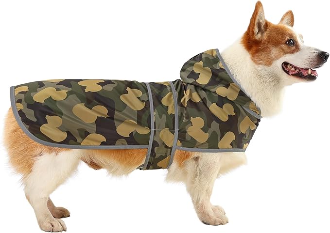 Dog Raincoat for Medium Dogs Waterproof Hooded Rain Jacket with Reflective Strips Leash Hole & Poncho Adjustable Fit (CamoDuck,L)