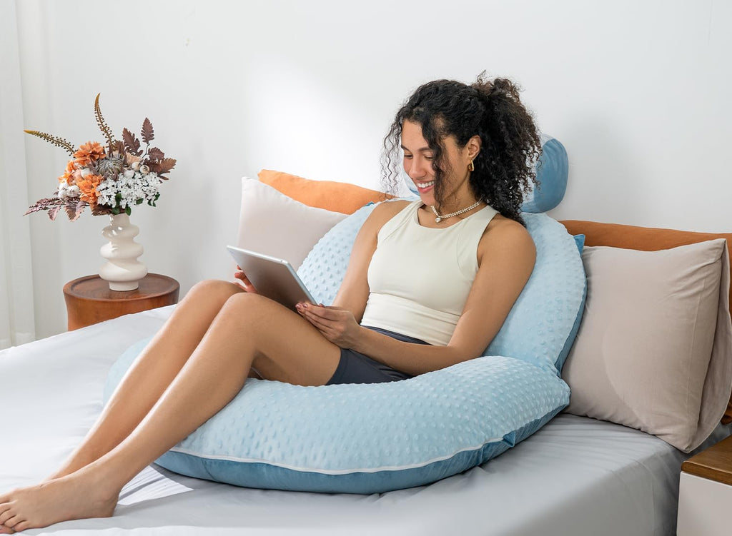 INSEN Reading Pillow, Back Pillow for Sitting in Bed and Couch, Gaming Pillow for Adults, Sit Up Support for Bed (Upgrade-Dot Velvet-Blue)