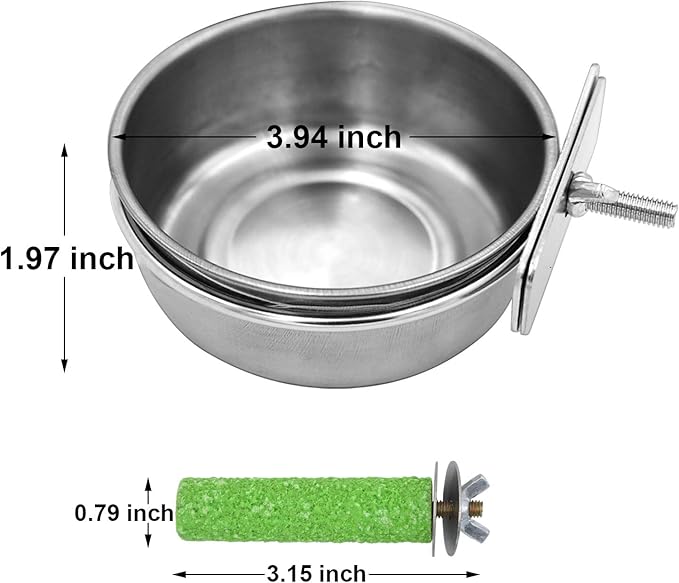 2 Pack Birds Food Dish Parrot Stainless Steel Feeding Cups Bird Feeders Water Cage Bowls with Clamp Holder and 1 Pcs Bird Stand Toy for Parakeet Conure Cockatiels Lovebird Budgie Chinchilla (2 Pack)