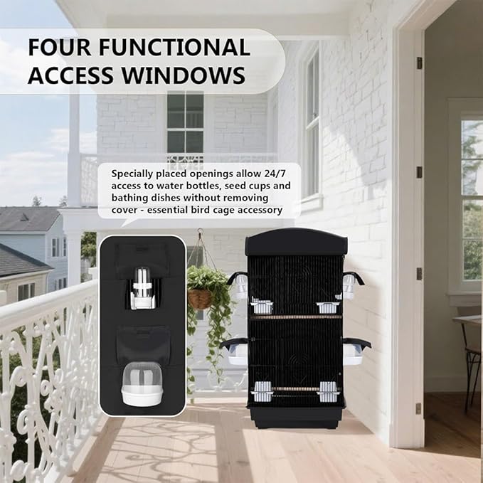 Bird Cage Cover for Night - Black Birdcage Cover with 4 Access Windows -Insulated Birdcage Cover with Dust Protection- Fits Parakeet, Cockatiel & Conure Medium Cages(17.7x13.4x32.3 inch)