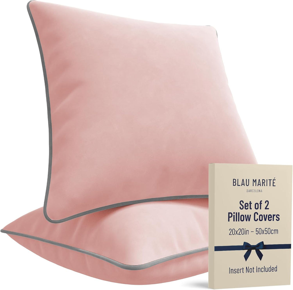 2 Pack Velvet Decorative Throw Pillow Covers, 20"x20", Pink and Grey, Solid, Modern, Contrast Piping, Indoor Use, Bedroom & Living Room