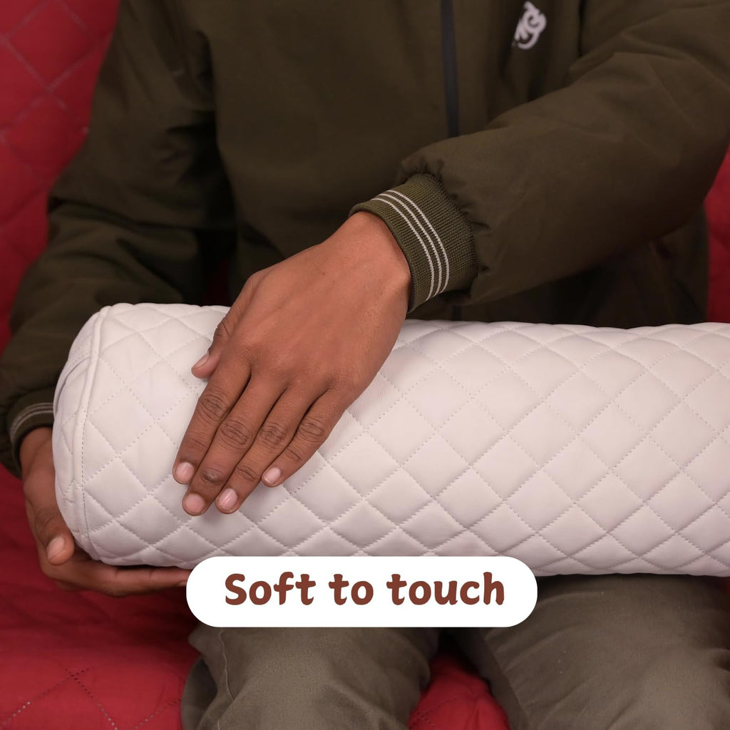 Neck Roll Pillow Cushion Cover, 16x5 Inch Full Moon Round Bolster Pillow Case, Cylinder Soft Lambskin Leather Pillowcase for Head, Spine & Neck Support During Sleep - Quilted White Pack of 2