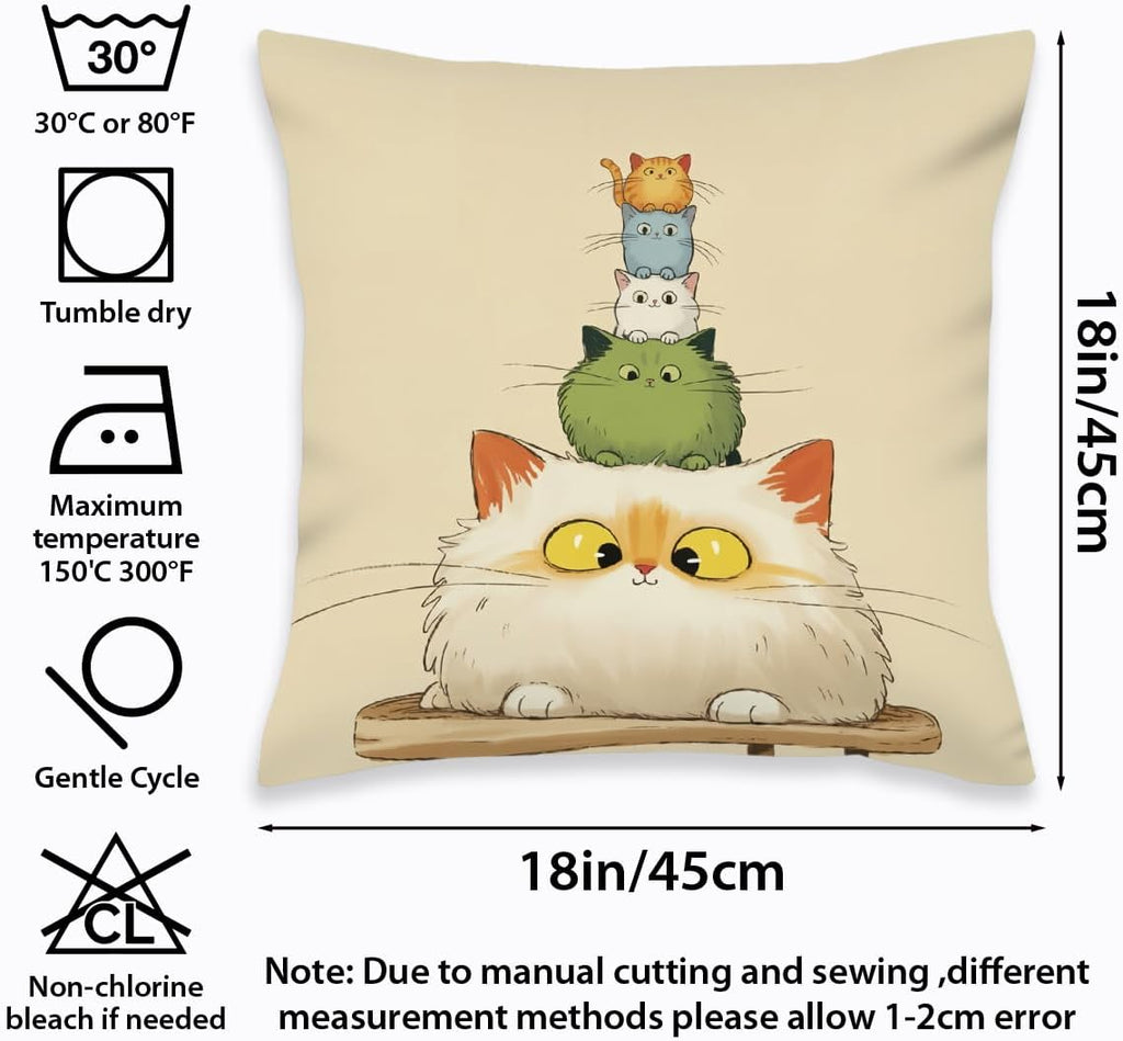 2 Pcs Whimsical Cat Throw Pillow, Throw Pillow Cover Lovely Multicolor Cartoon Cats Decorative, Suitable for Couch Sofa Bed Bedroom Apartment Dorm Living Room Office Home Decor