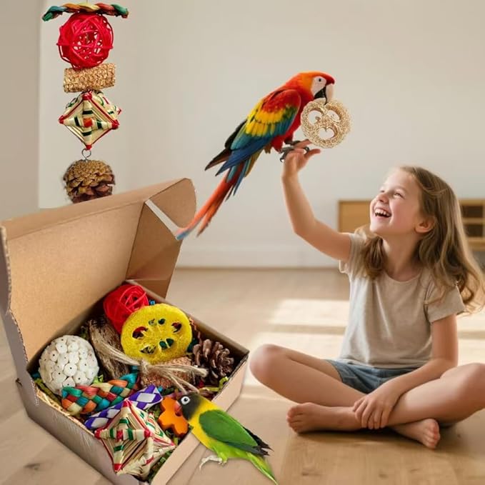 Parakeet Toys, Bird Toy Conure Grass Mat Budgie Shredder Hanging Set Cockatiel Foraging Toys Parrot Climbing Wall Toy Lovebird Cage Accessories for Small Birds (Colorful-Cockatiels Box Toys)