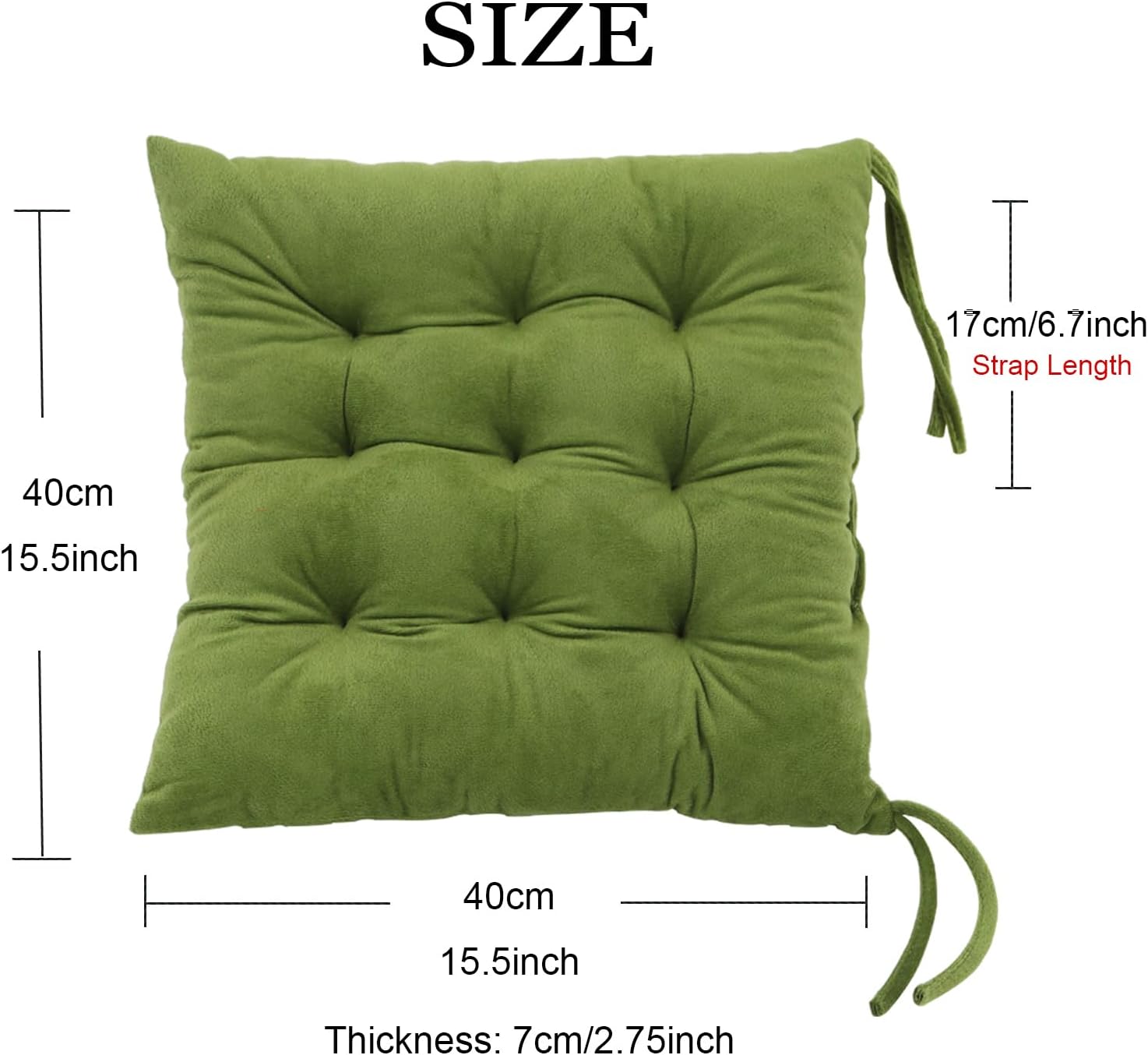 2 Pack Square Seat Cushion Chair Pads for Kitchen Dining Chairs, Soft Comfort Velvet Chair Mat Pillow Cushions with Ties for Office Desk Living Room Tatami 15.5", Green