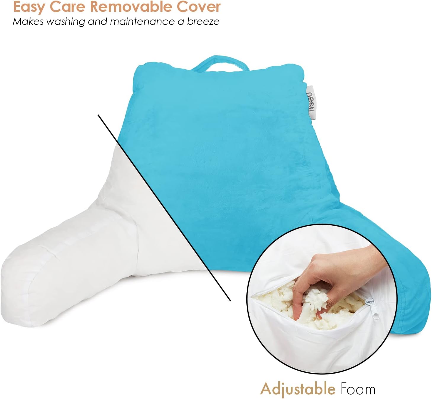 Nestl Reading Pillow with Shredded Memory Foam, Designed for Sitting Up in Bed and Couch, Back and Arms Adjustable Support for Adult & Teens Backrest Pillows for Reading, Washable Cover, Bright Blue