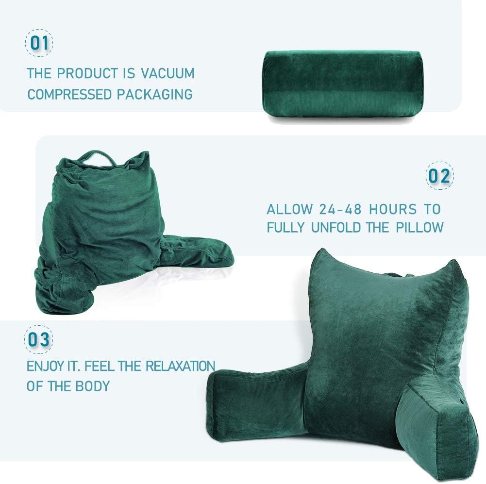 Neustern Reading Pillow for Sitting in Bed Adult, Back Pillow for Bed Shredded Memory Foam Chair Pillow with Arms and Pockets, Backrest and Support with Washable Cover for Watching TV/Gaming/Relaxing