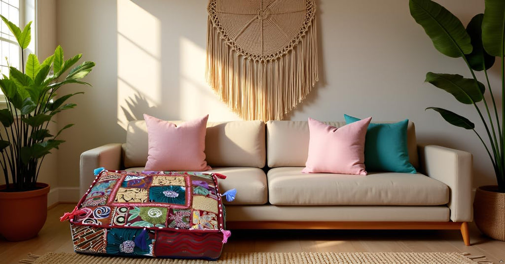 CRAFT KALA Indian Square Patchwork Traditional Pouf Cover Indian Living Room Poufs Decorative Embroidered Designer Ottoman Home Living Footstool Chair Cover Decor Pillow Cover 18x18x5 inches, Dark Red