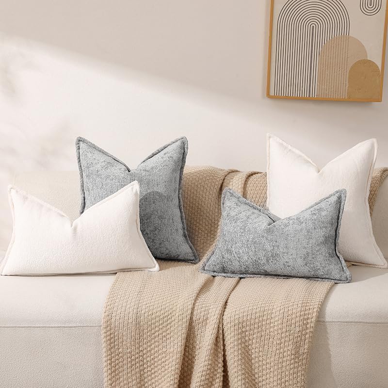 Pack of 2 Cream White Decorative Throw Pillow Covers 18x18 Cozy Soft Chenille Accent Vintage Square Couch Pillow Covers for Home Decor Bed Sofa Living Room