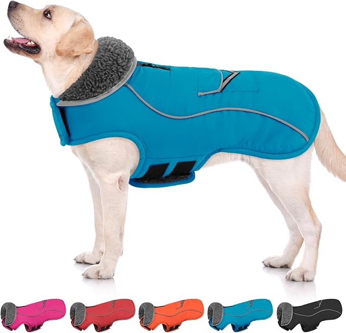 SUNFURA Dog Coat, Warm Dog Coat XXL Puffer Jacket with Harness Hole, Reflective Pet Snow Jacket Turtleneck Fleece Vest for Weimaraner, Labrador, Golden Retriever, Turquoise 2XL