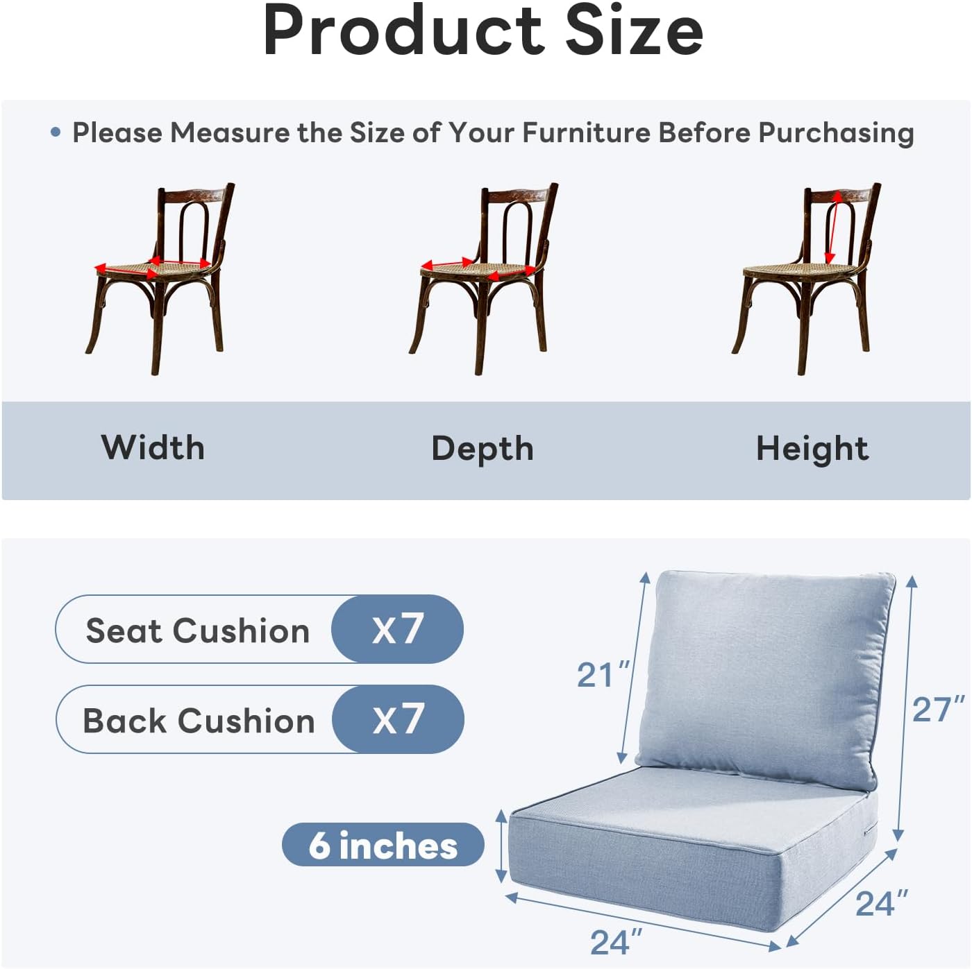 6" Thicker Outdoor Chair Cushion 7 Sets - 24" *24" *6" Waterproof Patio Furniture Cushions with Removable Cover, 28D High Density Sponge Filling Thicken Outdoor Patio Cushions - Baby Blue