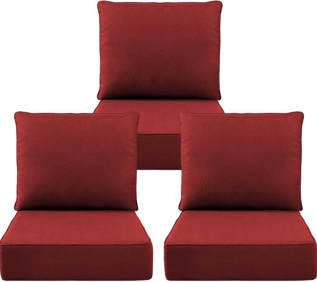 Luxury 6" Outdoor Cushions for Patio Furniture, 24x24x6" Thick Seat Cushion Set of 3, Fade Resistant Couch Chair Replacement Cushions High Density Deep Wicker Chair Cushion w/ Removable Cover, Red