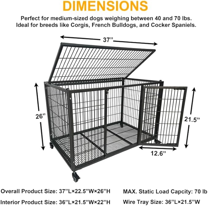 37 inch Heavy Duty Wire Dog Crate Cage Kennel for Large Dogs, High Anxiety Dog Crate with Removable Wire Trays and Wheels, Extra Large XL XXL