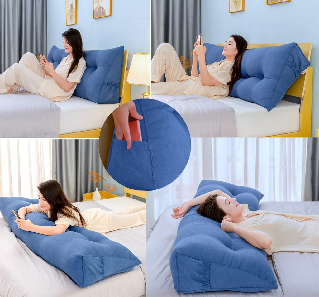 Triangular Reading Bed Rest Pillow Large Bolster Cushion Headboard Backrest Wedge Pillow with Removable Cover and Two Large Side Pockets (Magenta, 47 x 8 x 20 inches)