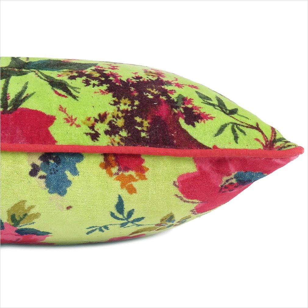 Eyes of India Velvet Floral Flower Bird Throw Pillow Sofa Cushion Cover Case Couch Colorful Boho Chic Bohemian Accent Indian Handmade (Light Green, 20" x 20")