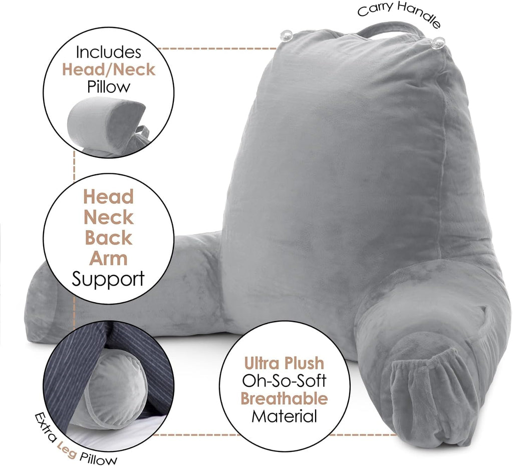 Nestl Reading Pillow with Shredded Memory Foam Includes 2 Neck and Lumber Support Pillows, Designed for Sitting Up in Bed and Couch, Back and Arms Adjustable Support for Adult & Teens, Grey
