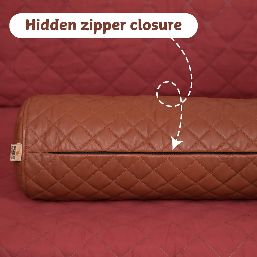 Neck Roll Pillow Cushion Cover, 20x5 Inch Full Moon Round Bolster Pillow Case, Cylinder Soft Lambskin Leather Pillowcase for Head, Spine & Neck Support During Sleep - Quilted Brown Pack of 2