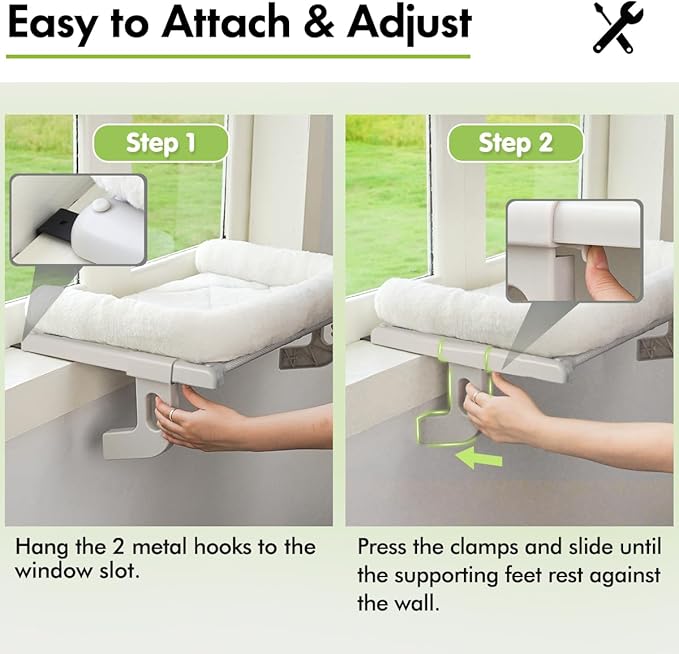 Cat Window Sill Perch with Large Bolster, Easy to Adjust & Assemble Cat Window Seat for Windowsill & Bedside, Pet Hammock Bed for Large Cats and Kittens (White, M)