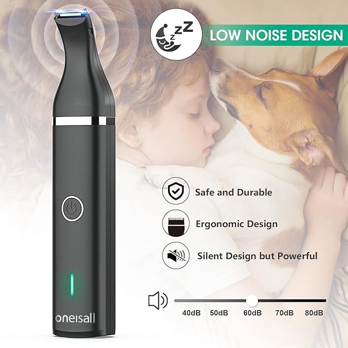 oneisall Dog Clippers with Double Blades,Cordless Small Pet Hair Grooming Trimmer,Low Noise for Trimming Dog's Hair Around Paws, Eyes, Ears, Face, Rump (Black)