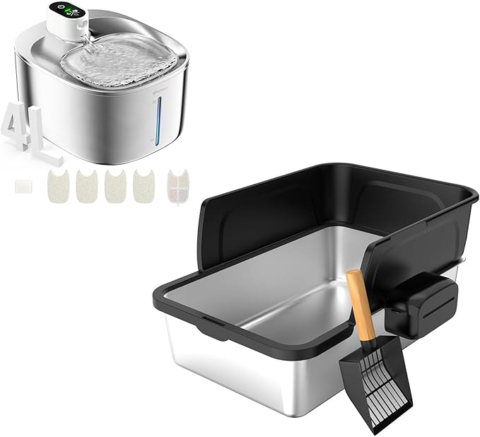 Cordless Cat Water Fountain Stainless Steel + Litter Box Set, 4L Automatic Wireless Pet Water Dispenser with 5Pack Filter + Cat Litter Box Sets for Multi Pet Family