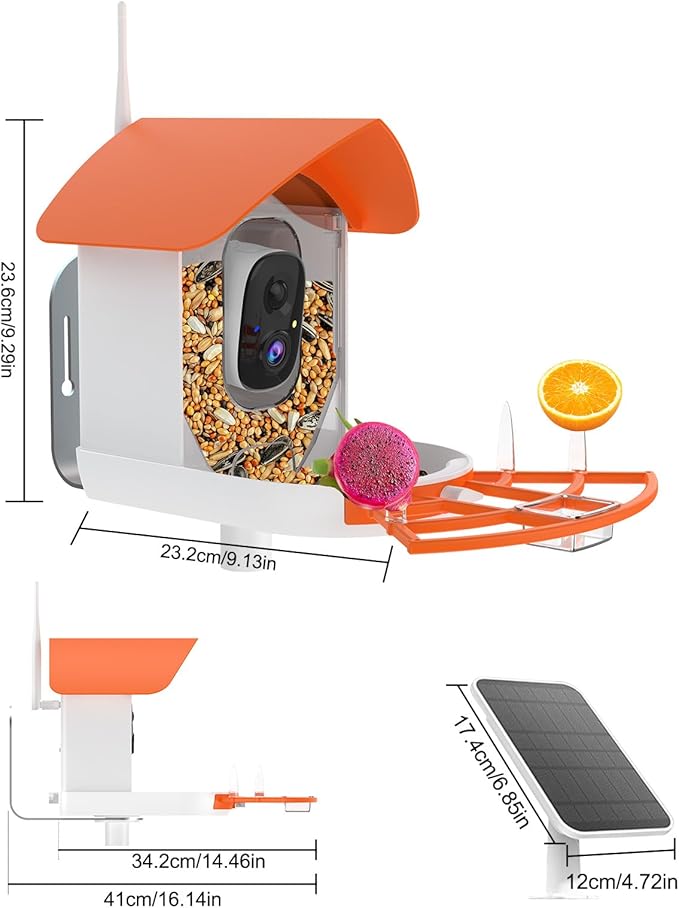 Bird Feeder with Camera,AI Identify Birds Species,Smart Birds Camera with Solar Powered,Auto Record FHD Feather Visitor Video in Backyard,Garden,Instant Notifications,Ideal Gifts for Family,Orange