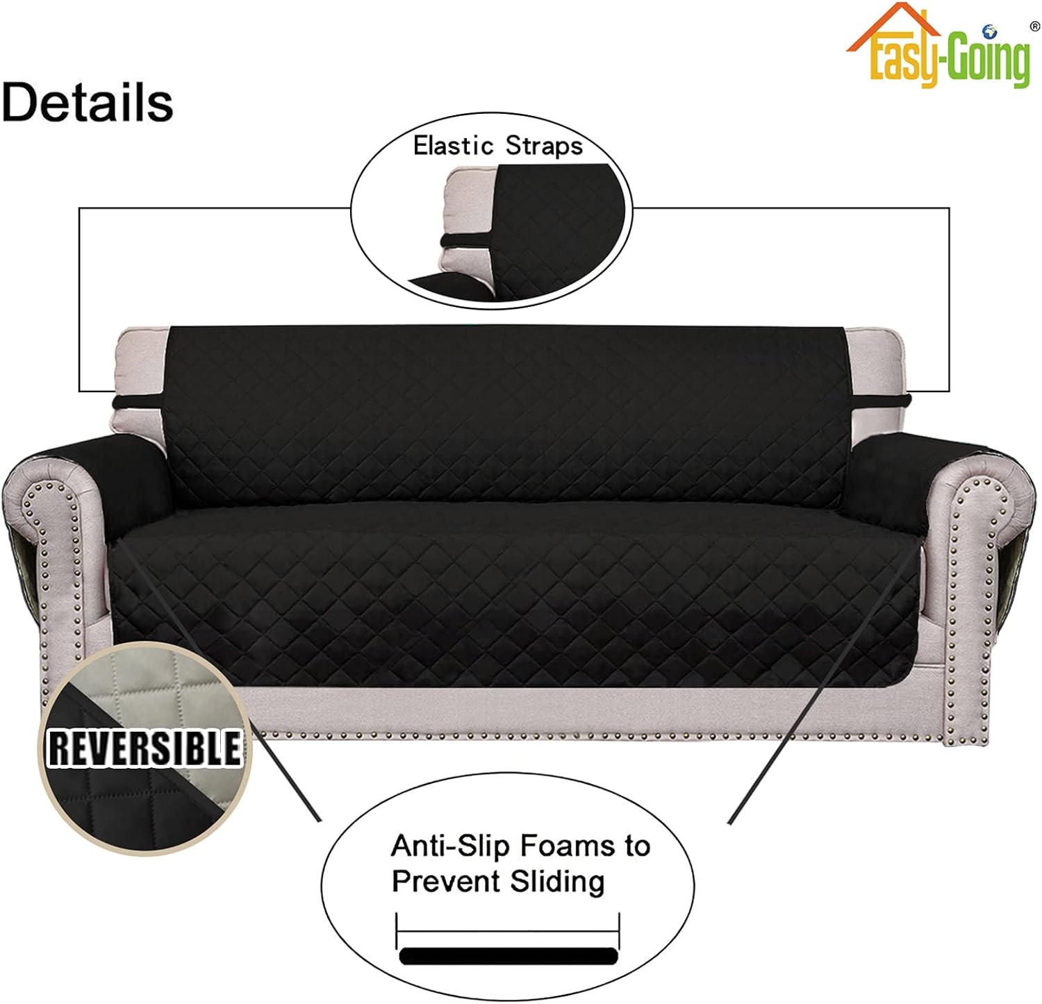 Easy-Going Oversized Chair Sofa Slipcover Reversible Sofa Cover Water Resistant Couch Cover Furniture Protector Cover with Elastic Straps for Pets Dog (Oversized Chair, Black/Beige)