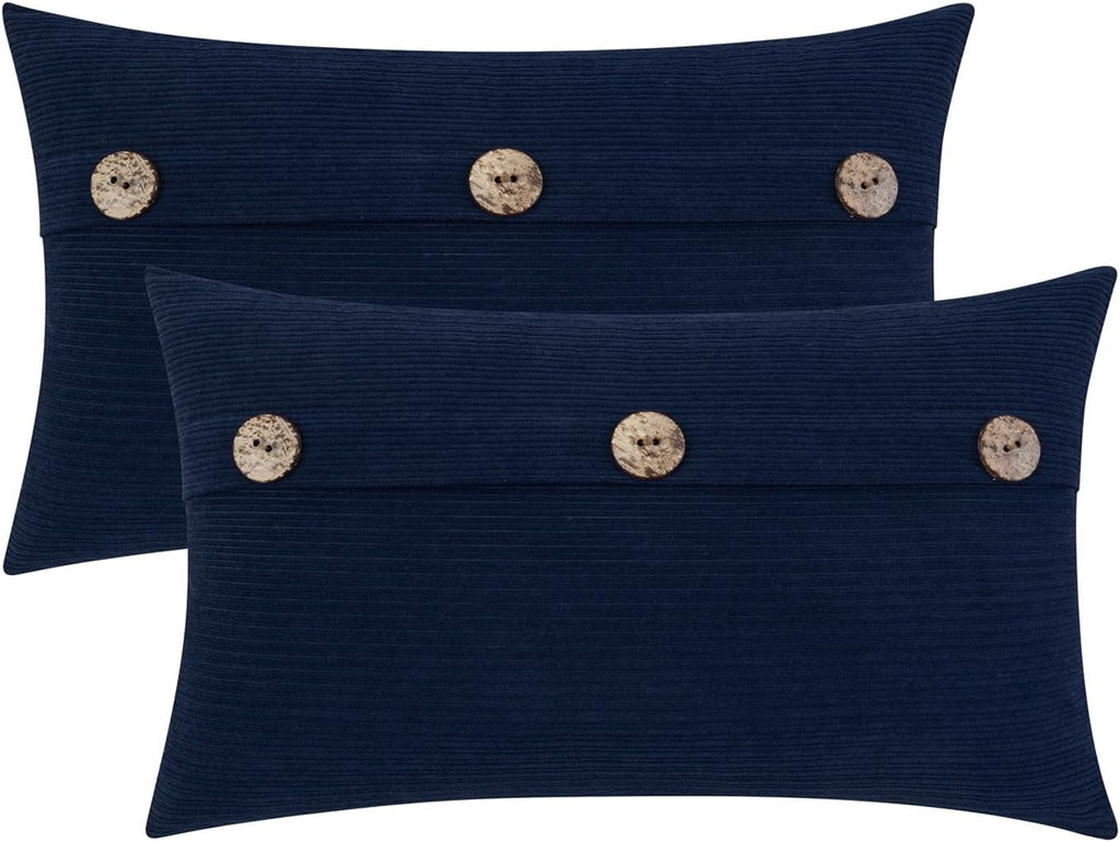 HWY 50 Navy Blue Decorative Rectangle Throw Pillow Covers Set Cushion Cases with Triple Buttons 12x20 Inch, Chenille Soft Farmhouse Accent Pillowcase for Couch Sofa Bed Pack of 2