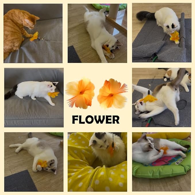Cat Feather Toys Replacement - 2 Pcs Handmade Natural Flowers - Cat Toy Wand Refills - Interactive Kitten Teaser Wand Attachments - Cat Toys for Indoor Cats Play