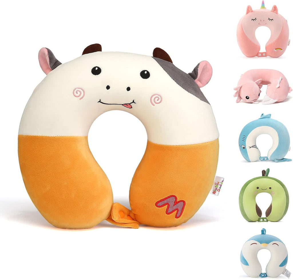 Niuniu Daddy Kids Travel Neck Pillow - Memory Foam Neck and Chin Support for Airplane, Car, Road Trips - Cute Cow Design, Airplane Essentials for Kids Boys Girls