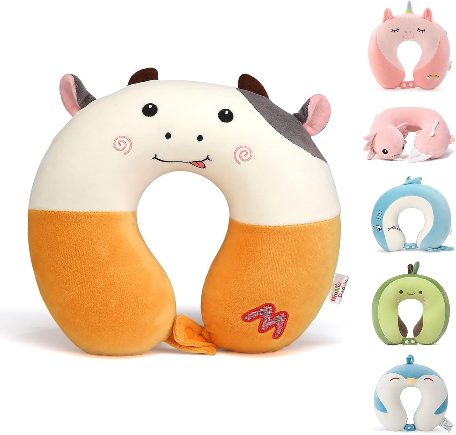 Niuniu Daddy Kids Travel Neck Pillow - Memory Foam Neck and Chin Support for Airplane, Car, Road Trips - Cute Cow Design, Airplane Essentials for Kids Boys Girls