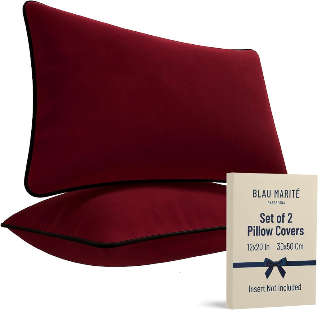 2 Pack Velvet Decorative Throw Pillow Covers, 12"x20", Burgundy, Solid, Modern, Contrast Piping, Indoor Use, Bedroom & Living Room