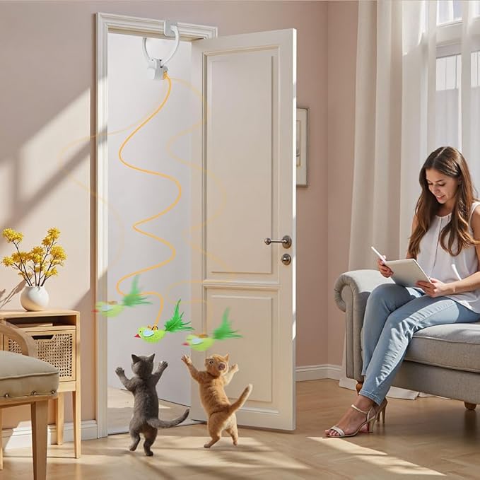 Interactive Cat Toys for Indoor Cats: Automatic Flying Bird Feather Wand Chase Exercise Enrichment Stimulation, USB Rechargeable Durable Safe Hanging Toy for Bored Kittens Adult Multi Cat Households