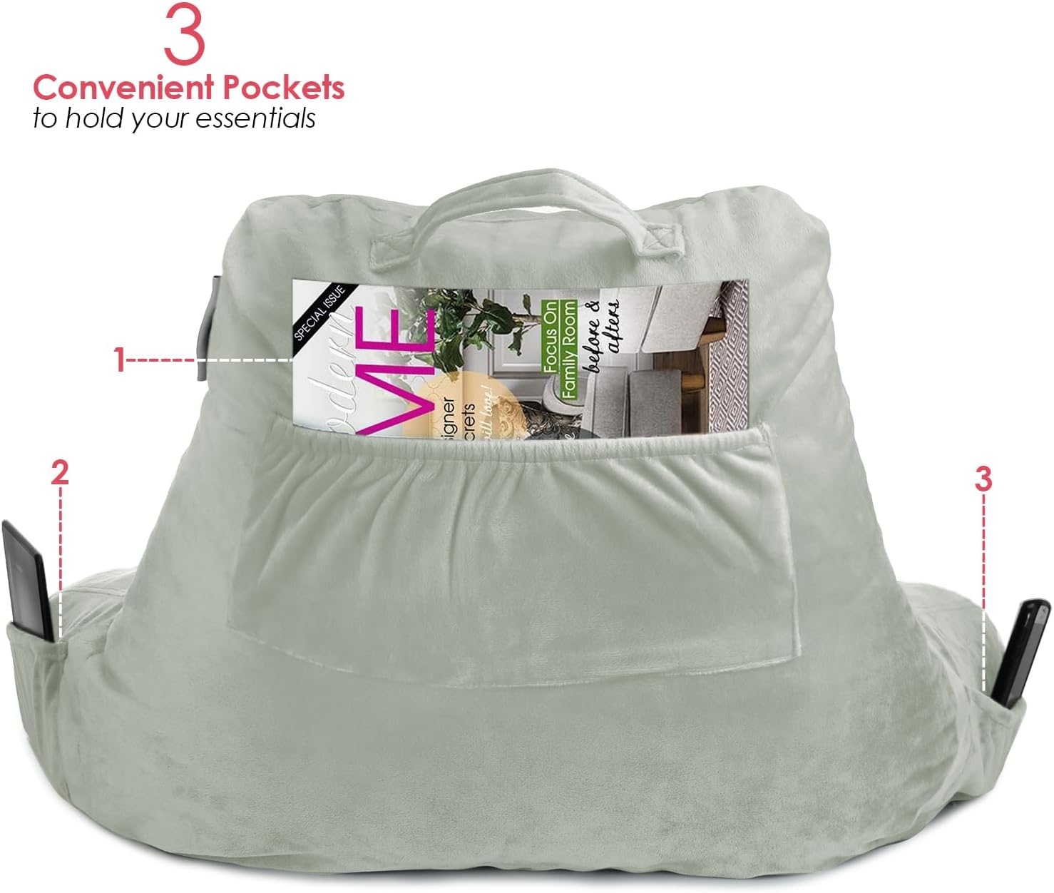 Nestl Reading Pillow with Shredded Memory Foam, Designed for Sitting Up in Bed and Couch, Back and Arms Adjustable Support for Adult & Teens Backrest Pillows for Reading with Washable Cover Sage Green