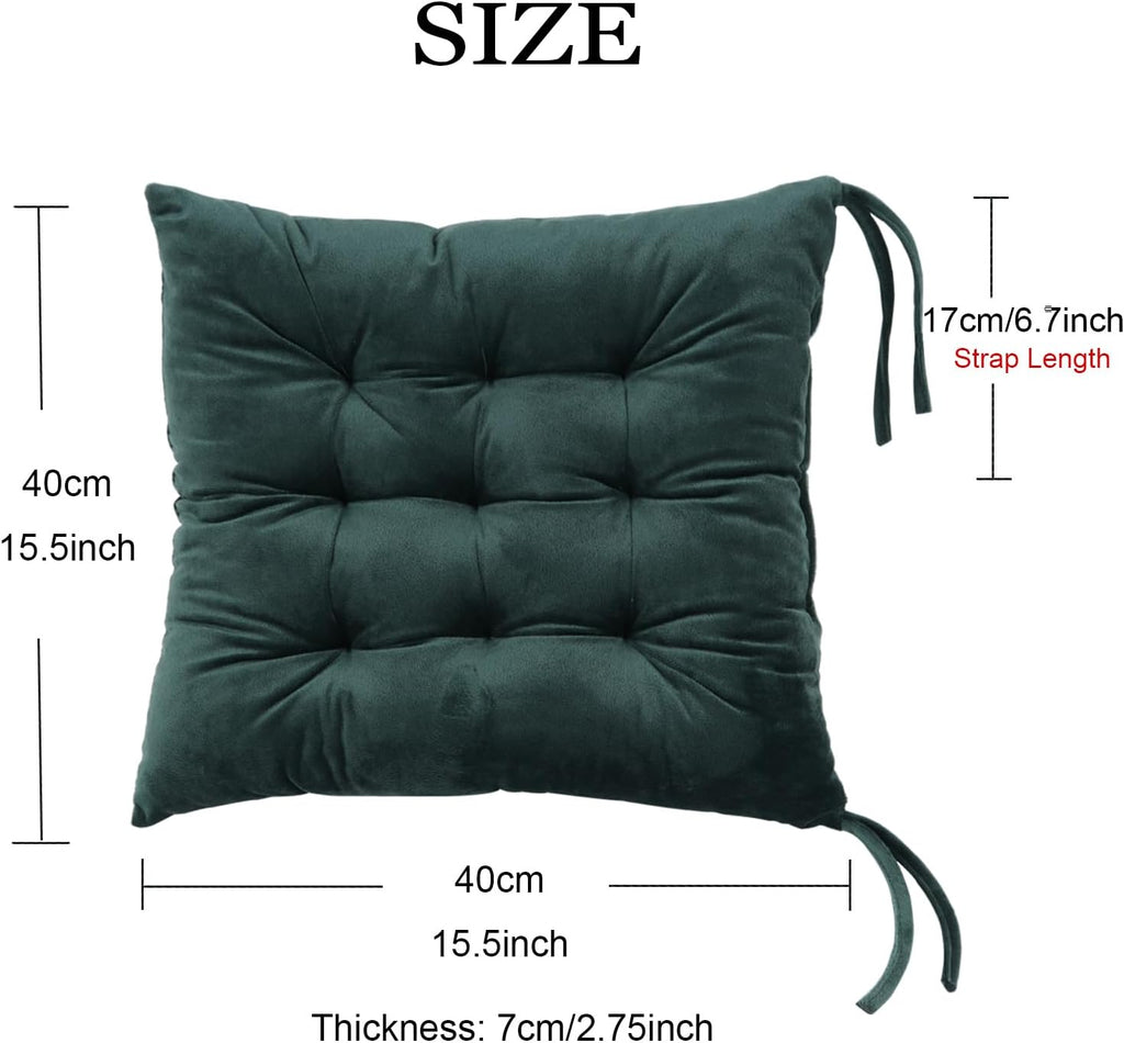 6 Pack Square Seat Cushion Chair Pads for Kitchen Dining Chairs, Soft Comfort Velvet Chair Mat Pillow Cushions with Ties for Office Desk Living Room Tatami 15.5", Dark Green