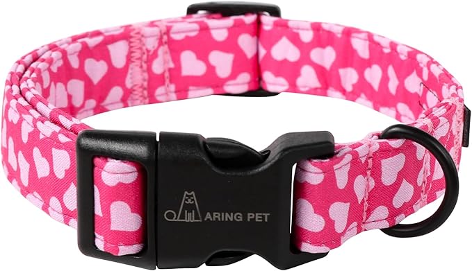 ARING PET Valentine's Day Dog Collar-Cotton Pink Heart Dog Collars, Adjustable Valentine Heart Pet Collars Puppy Collar with Quick Release Buckle for Girl&Boy Dogs