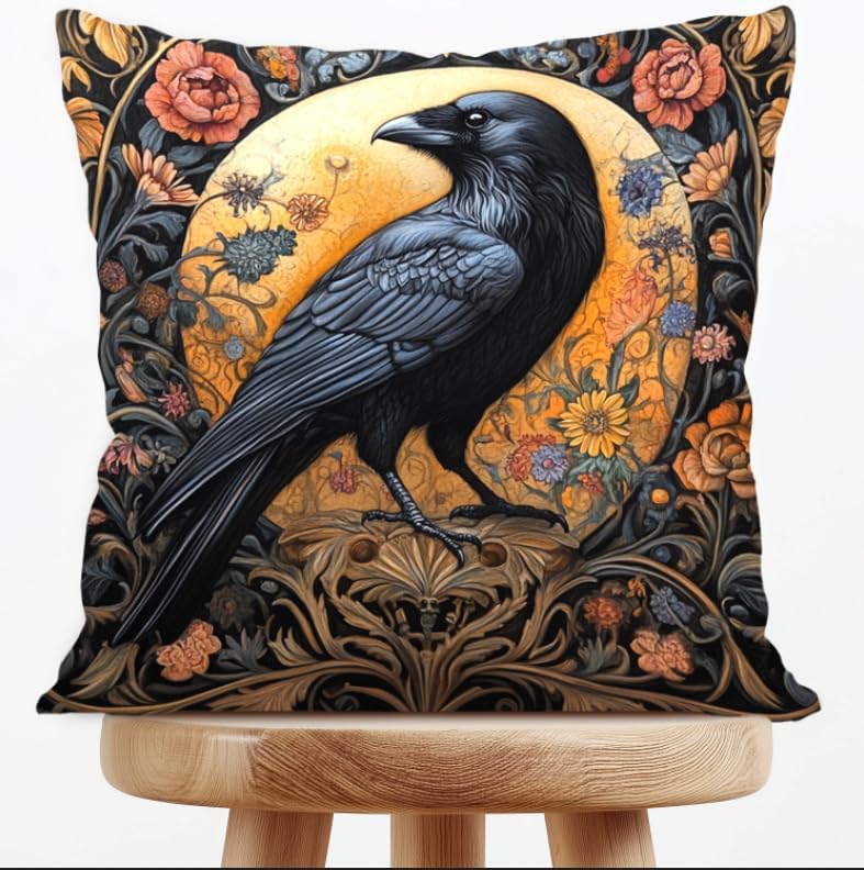 William Morris Abstract Vintage Floral Velvet Black Crow Design Throw Pillow Covers Home Decor, Retro Art Deco Pillowcase Cushion Cover for Bed Sofa Living Room, Square 18x18inch (Black-Crow)