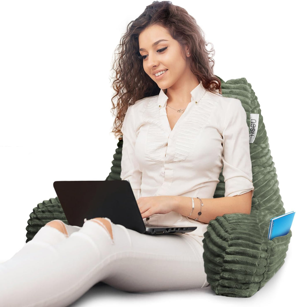 Hearth & Harbor Reading Pillow for Bed Adult – Back Pillow for Sitting in Bed, Standard Bed Pillows for Sitting Up in Bed, Foam Bed Chair Pillow, Olive Green Bed Rest Pillow