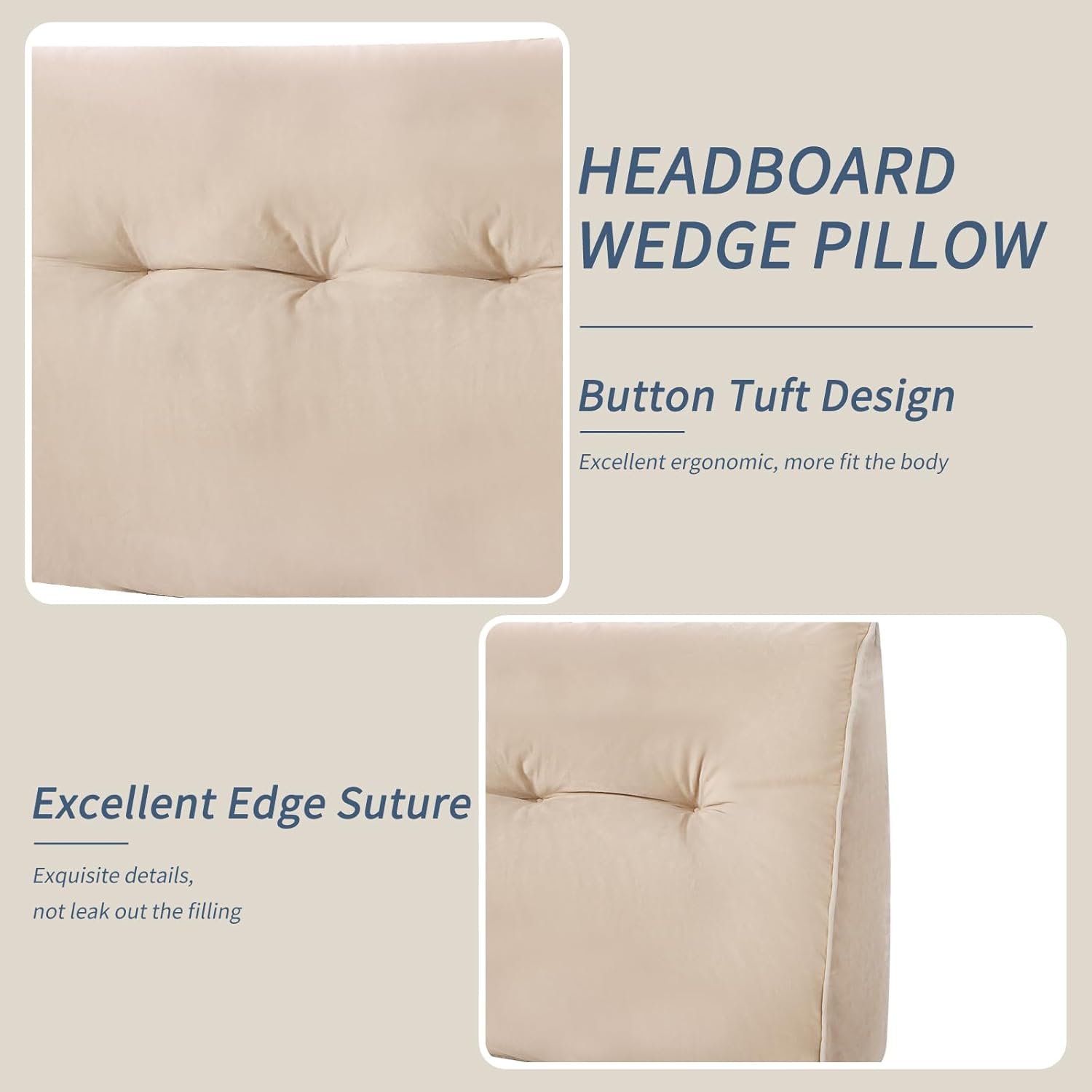 Headboard Wedge Pillows Full, Ergonomic Bed Triangular Headboard Pillow, Thickened Backrest Cushion for Reading in Dorm Bed Sofa, Beige, 54in