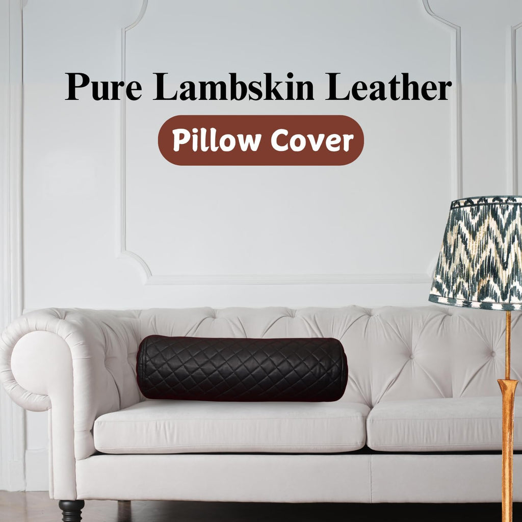 Neck Roll Pillow Cushion Cover, 16x7 Inch Full Moon Round Bolster Pillow Case, Cylinder Soft Lambskin Leather Pillowcase for Head, Spine & Neck Support During Sleep - Quilted Black Pack of 1