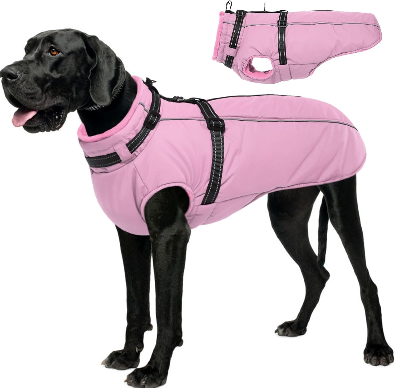 Lelepet Dog Coat with Harness Built in, Waterproof Dog Jacket for Large Dogs Reflective Winter Jacket with Zip Warm Cold Weather Coats for Dogs, Cozy Turtleneck Pet Snowsuit, Great Dane, Pink, 3XL