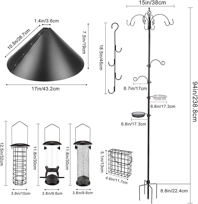 Deluxe Bird Feeding Station Kit Bird Feeder Pole with Squirrel Baffle, Suet Cage, Bath Tray for Planter Hanger - Wildlife-Friendly Design