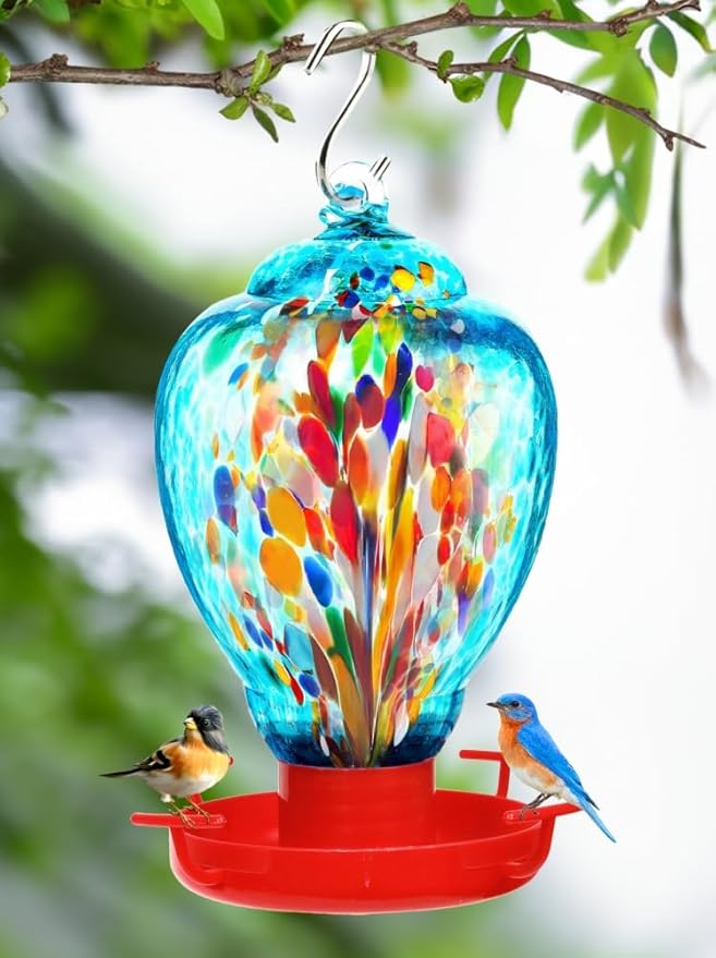 Colorful Glass Wild Bird Waterer 32 Oz Bird Water Feeder for Outdoors Garden Outside Water Cooler Tree Yard Decoration (Blue-fire)