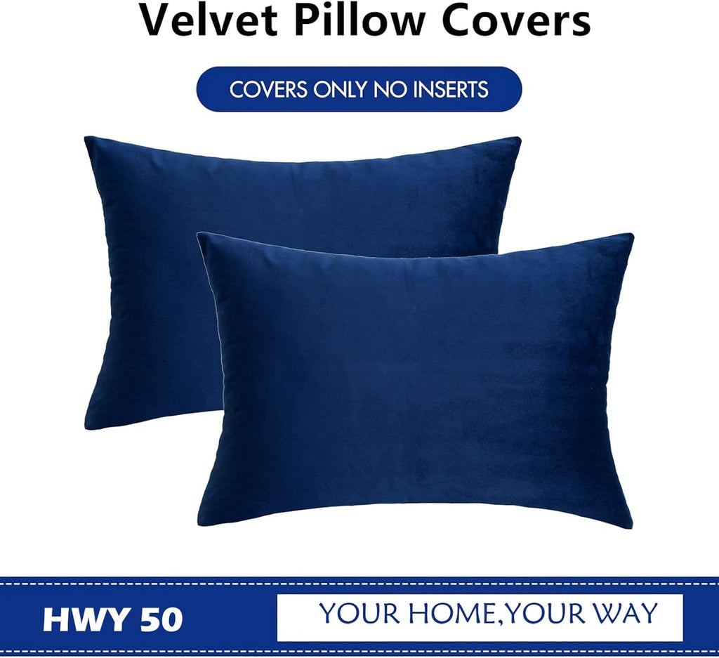 HWY 50 Navy Blue Velvet Rectangular Throw Pillow Covers 12x20 Inch, Pack of 2 Soft Cozy Solid Decorative Luxury Cushion Cases for Couch Sofa Bed Living Room Bedroom