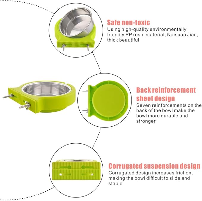 Crate Dog Bowl Removable Stainless Steel Water Food Bowls Cage Coop Cup for Cat Puppy Bird Pets (Large, Green with Corrugated Clip)