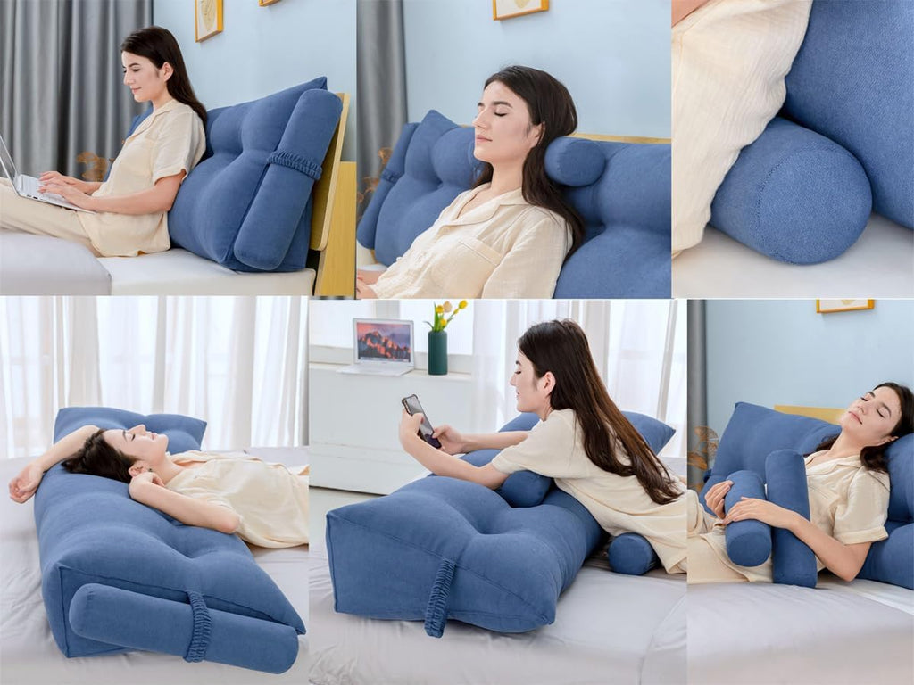 Triangular Reading Bedrest Pillow Large Bolster Cushion Headboard Backrest Wedge Pillow with Two Detachable Roll Pillows for Neck & Lumbar Support (Teal, California King 71x8x20 inches)