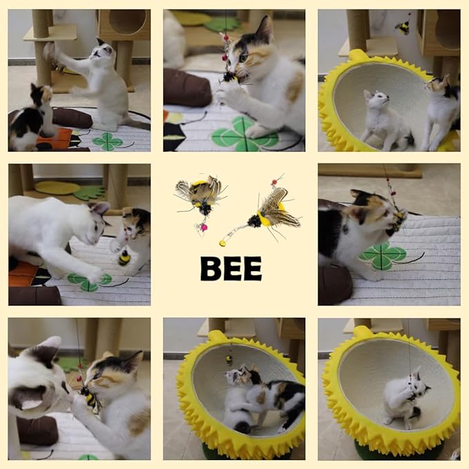 Cat Insect Feather Toys Replacement - 2 Pcs Handmade Natural Bees - Cat Toy Wand Refills - Interactive Kitten Teaser Wand Attachments - Cat Toys for Indoor Cats Play