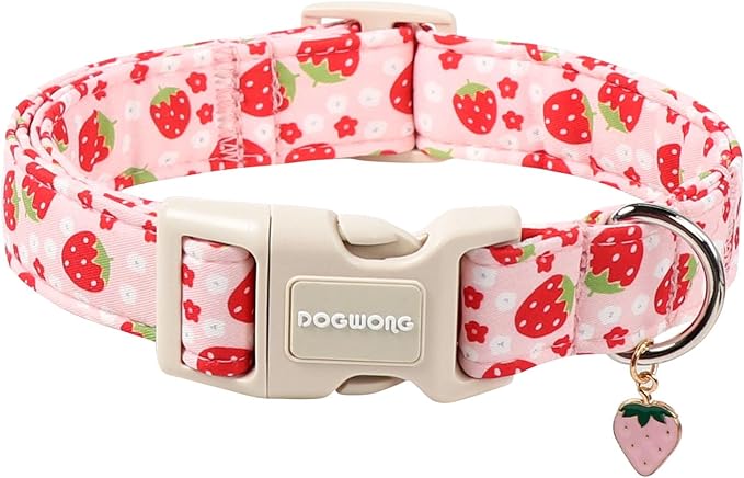 DOGWONG Cotton Handmade Daisy Flower Dog Collar Cute Pink Strawberries Dog Collars with Pendant for Girl Boy Dogs,XL