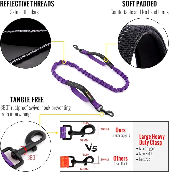 Plutus Pet Hands Free Dual Handle Retractable Bungee Leash with Reflective Stitches, Adjustable Waist for Dogs Walking, Jogging, for Medium Large Dogs