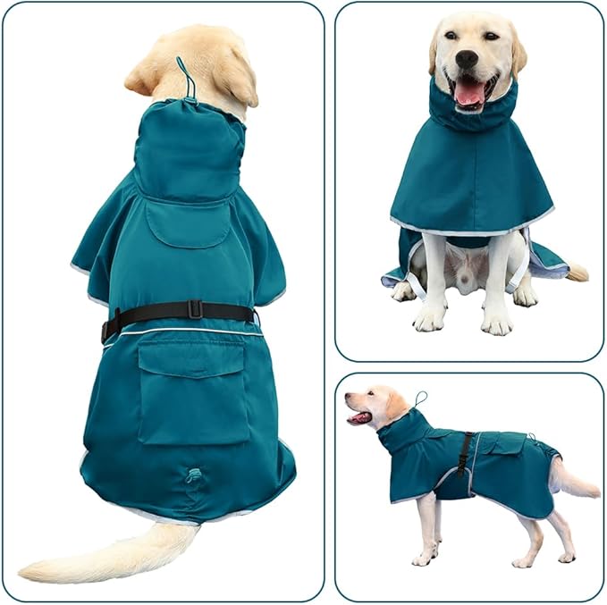Reflective Dog Raincoat Waterproof Adjustable Dog Hooded Poncho Raincoat for Medium Large Dogs, Lightweight Pet Rain Jacket (Blue, L)