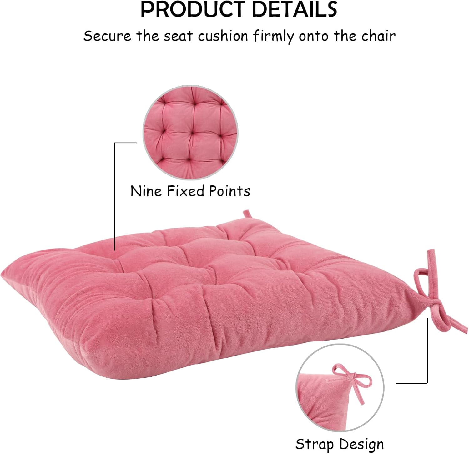 4 Pack Square Seat Cushion Chair Pads for Kitchen Dining Chairs, Soft Comfort Velvet Chair Mat Pillow Cushions with Ties for Office Desk Living Room Tatami 15.5", Pink